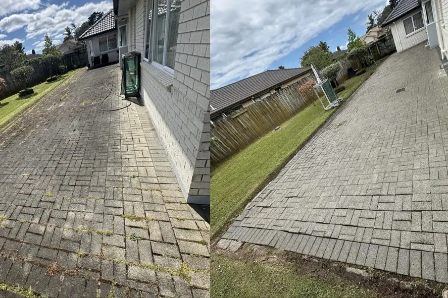 Driveway paving before and after water blasting by Handyman Botany, East Auckland
