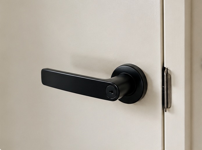 Storeroom door in Clover Park with its original lever handle and standard keyed lock, before the smart lock went on
