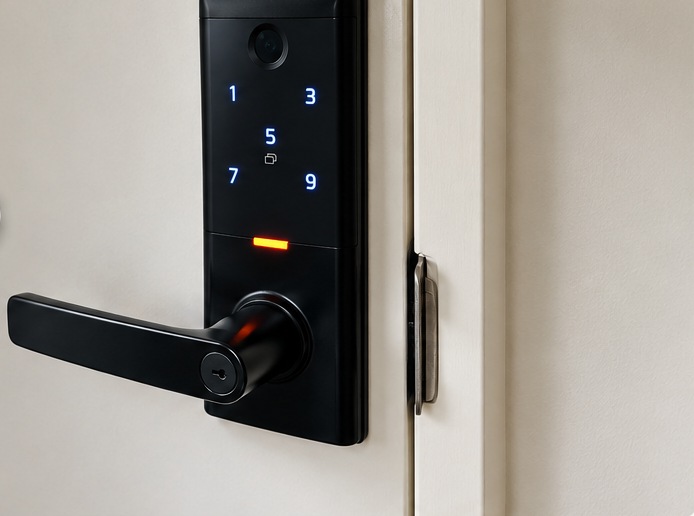 Keypad smart lock fitted to the same storeroom door in Clover Park, with the lever handle below it