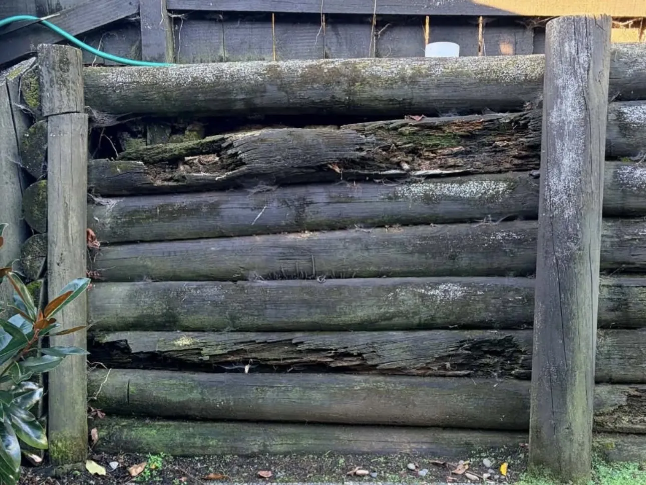Damaged timber sleepers in a retaining wall before repair in Botany, East Auckland