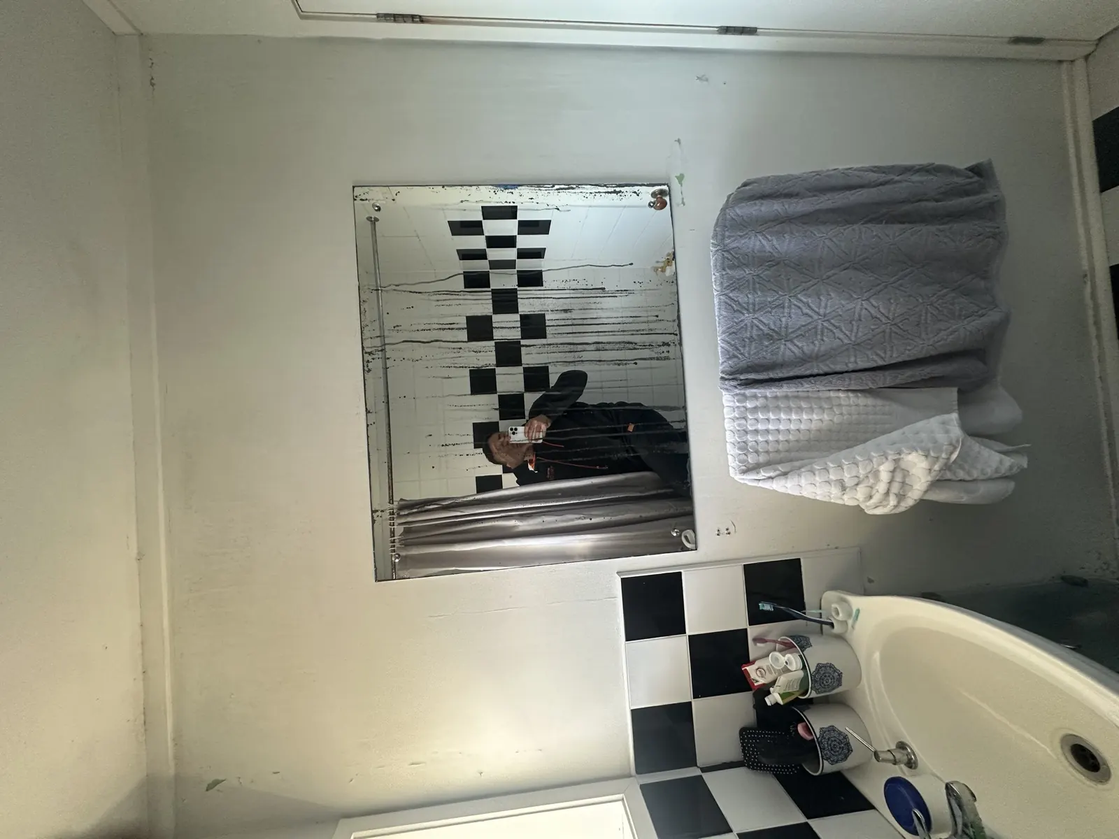 The old frameless bathroom mirror, its silvering broken up by black streaks running down the glass