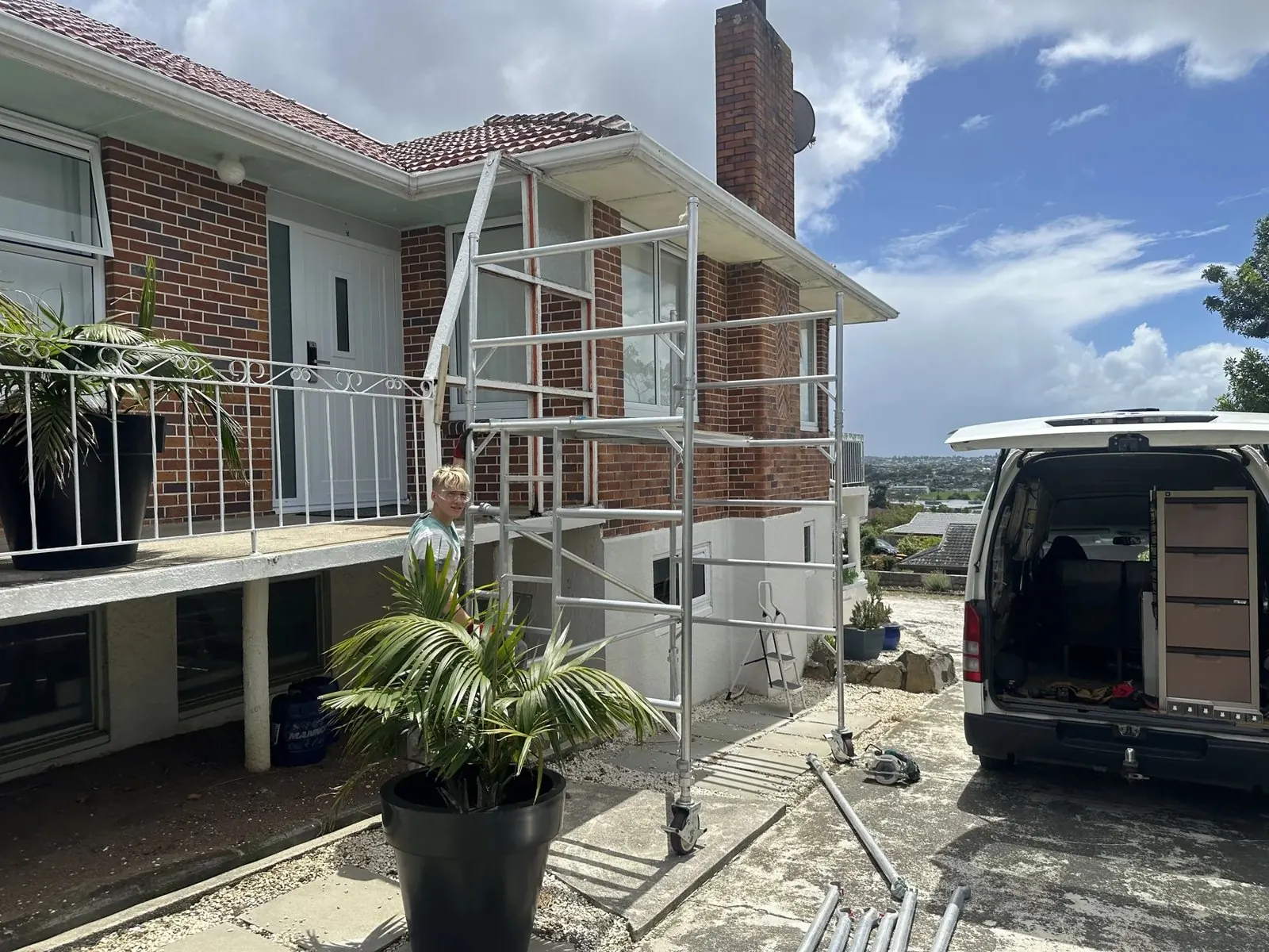 Mobile scaffold set up for safe removal of an elevated exterior wall in Howick