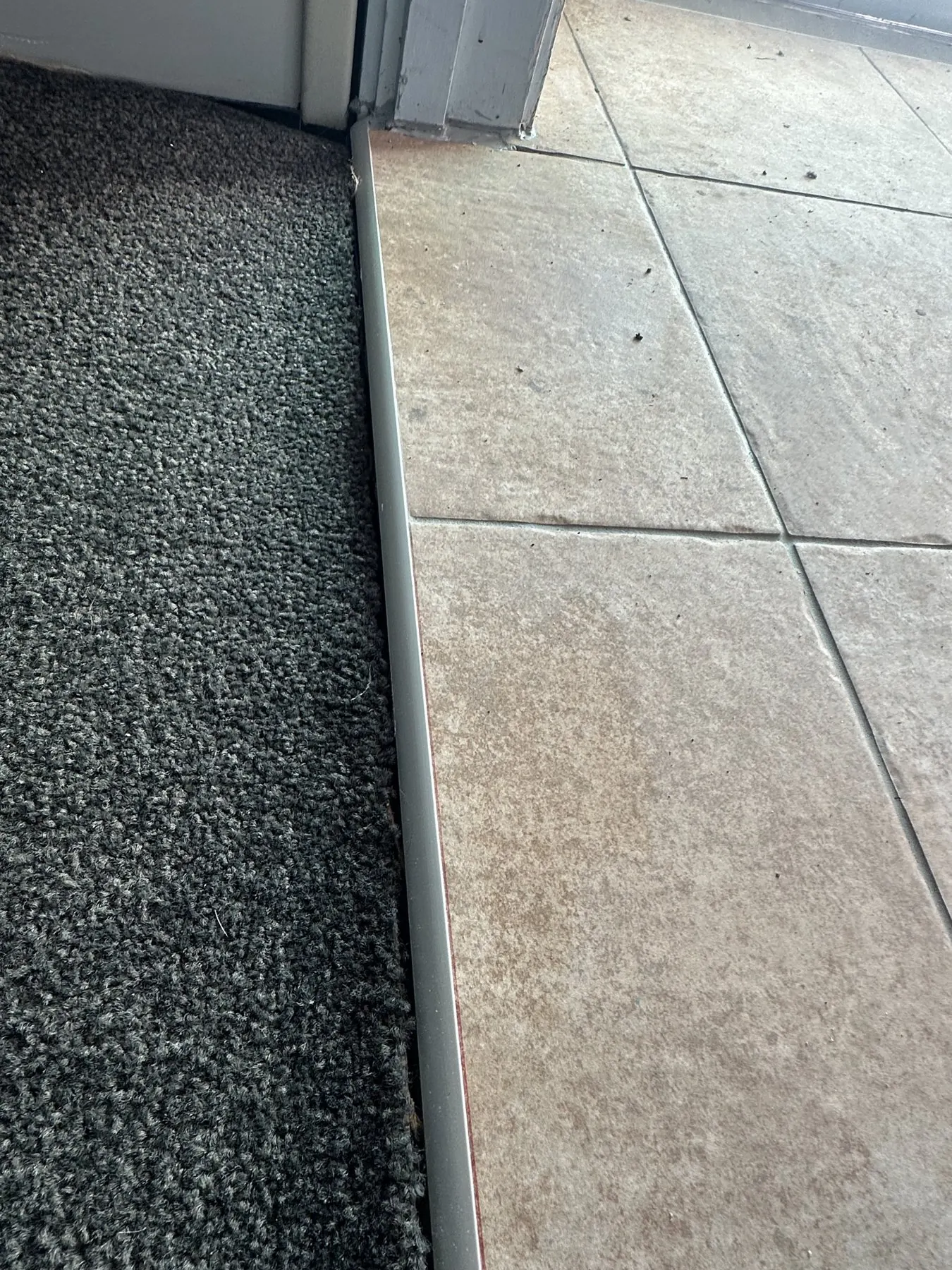 Stainless steel protective transition trim installed at a lift entrance to prevent future tile damage in Flat Bush, Auckland
