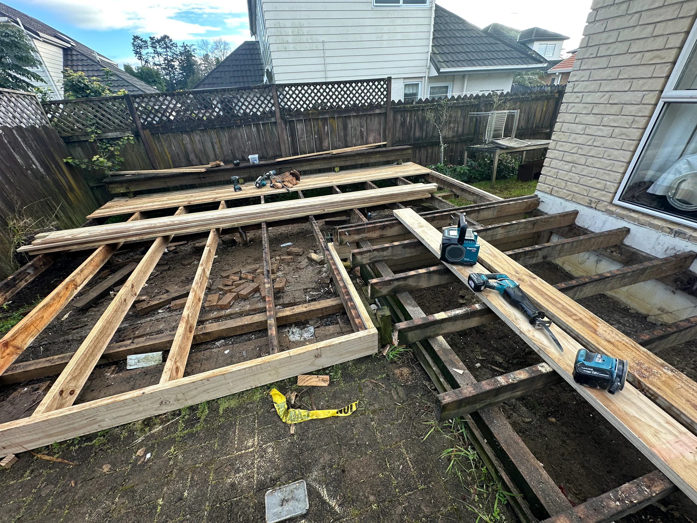 Timber deck subframe repairs and replacement joists in progress at a Botany property