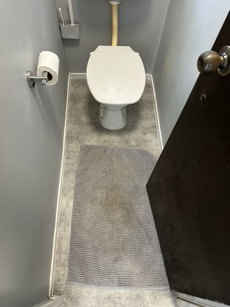 New vinyl flooring fitted closely around a toilet pedestal in a tight Botany bathroom