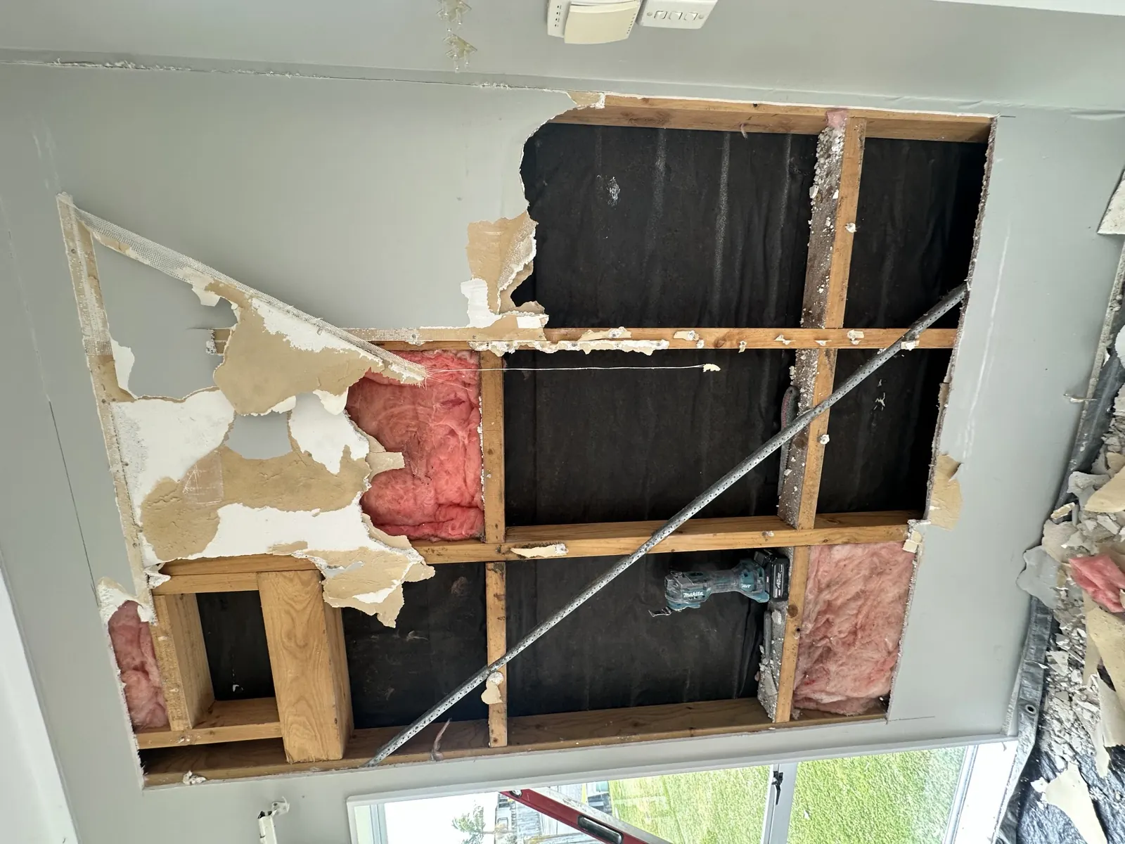Wet pink insulation batts exposed behind the wall lining during a leak repair in Highland Park