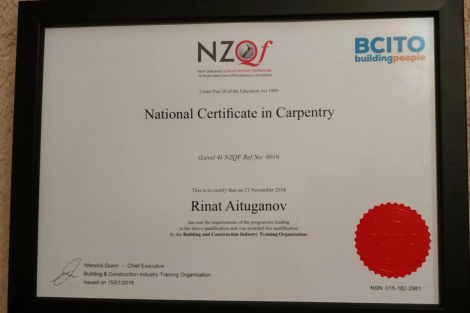 New Zealand Certificate in Carpentry Level 4 qualification awarded to Rinat of Handyman Botany