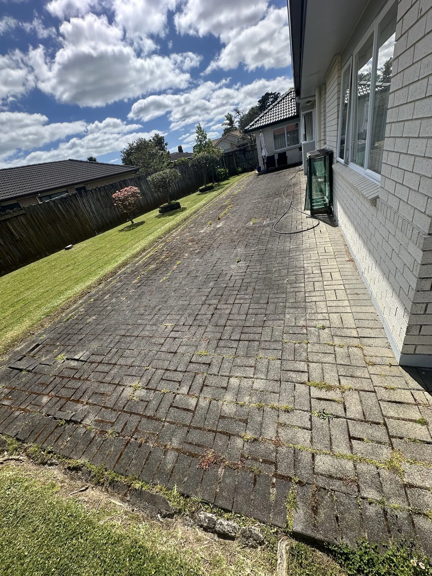 Weed-covered paving before cleaning and weed removal in Golflands