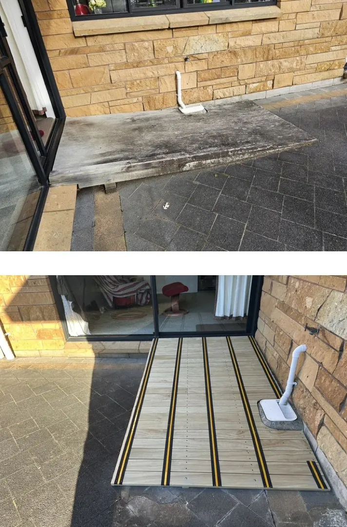 Completed timber access ramp with new treated decking and high-visibility anti-slip strips in Northpark, East Auckland